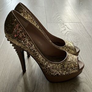 Rachel Roy Gold Sequined Peep Toe Heels
